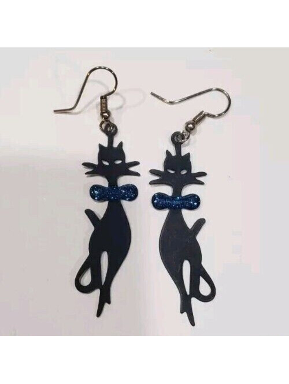 VTG Metal Black Cat Earrings Blue Bow Dangle Drop Statement Shadow